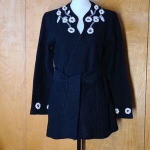 Cynthia Rowley black cardigan wool sweater with stiched floral detail- M